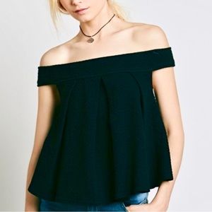 FREE PEOPLE - Black Off the Shoulder Waffle Knit Priscilla Pleated Peplum Top